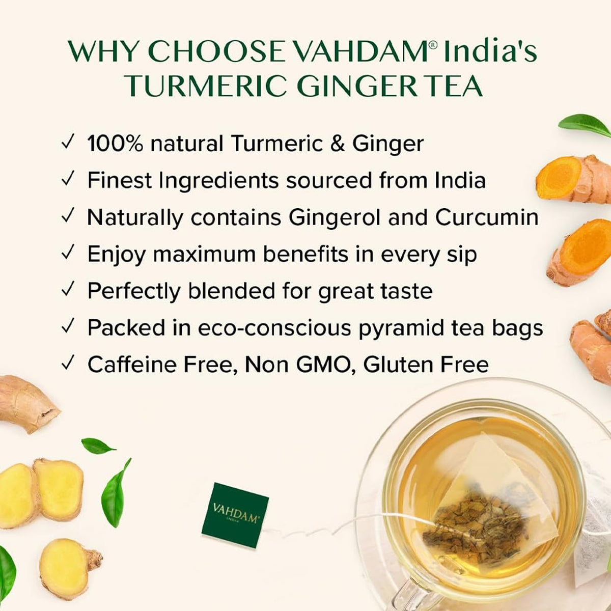VAHDAM Organic Turmeric Ginger Herbal Tea Bags – 100 Pyramid Bags, Caffeine Free