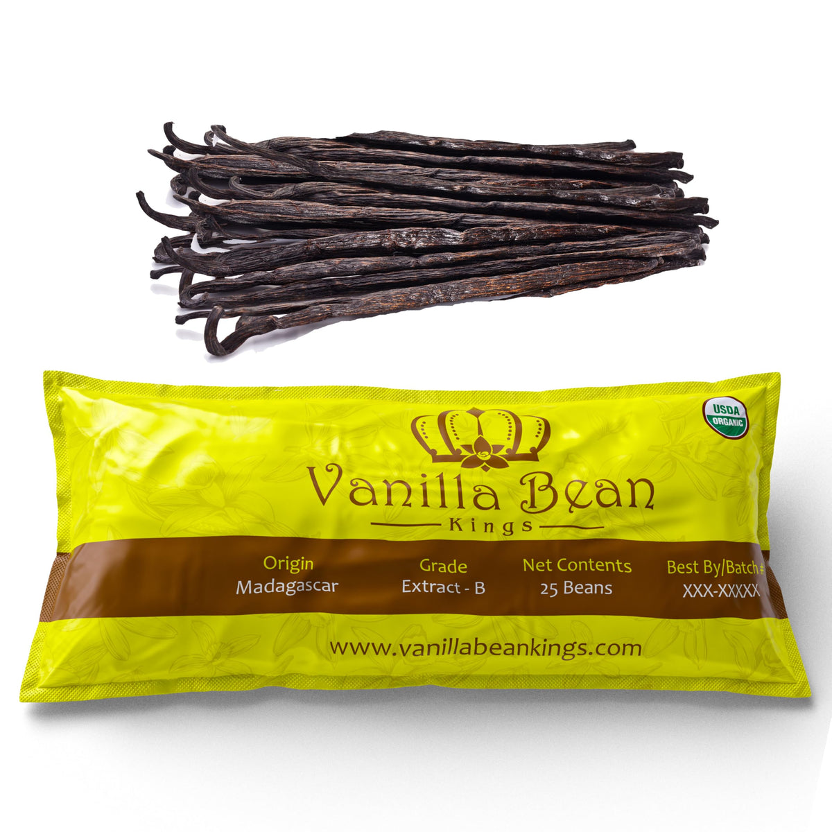 Vanilla Bean Kings: 25 Organic Madagascar Vanilla Beans, Grade B Pods for Baking & Extract