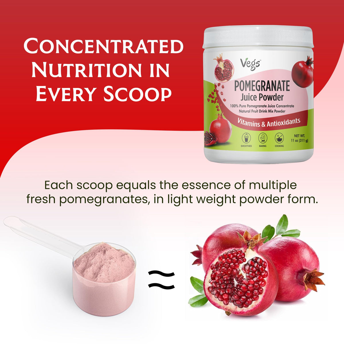 Vegs Pomegranate Juice Powder – Organic, Sugar-Free Antioxidant Drink Mix (11 oz)