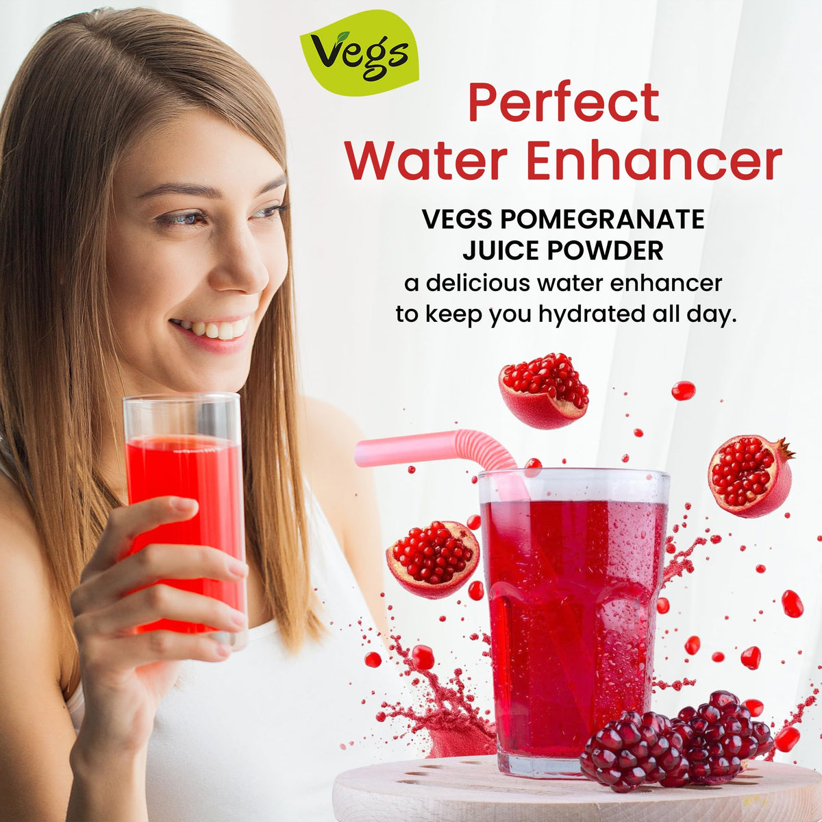 Vegs Pomegranate Juice Powder – Organic, Sugar-Free Antioxidant Drink Mix (11 oz)
