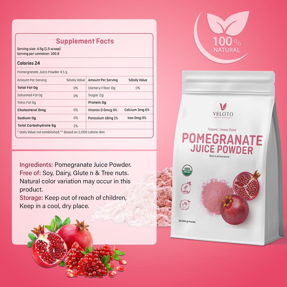 VELOTO Organic Pomegranate Juice Powder – Freeze-Dried, 1 lb, Gluten Free, Non-GMO, Vegan
