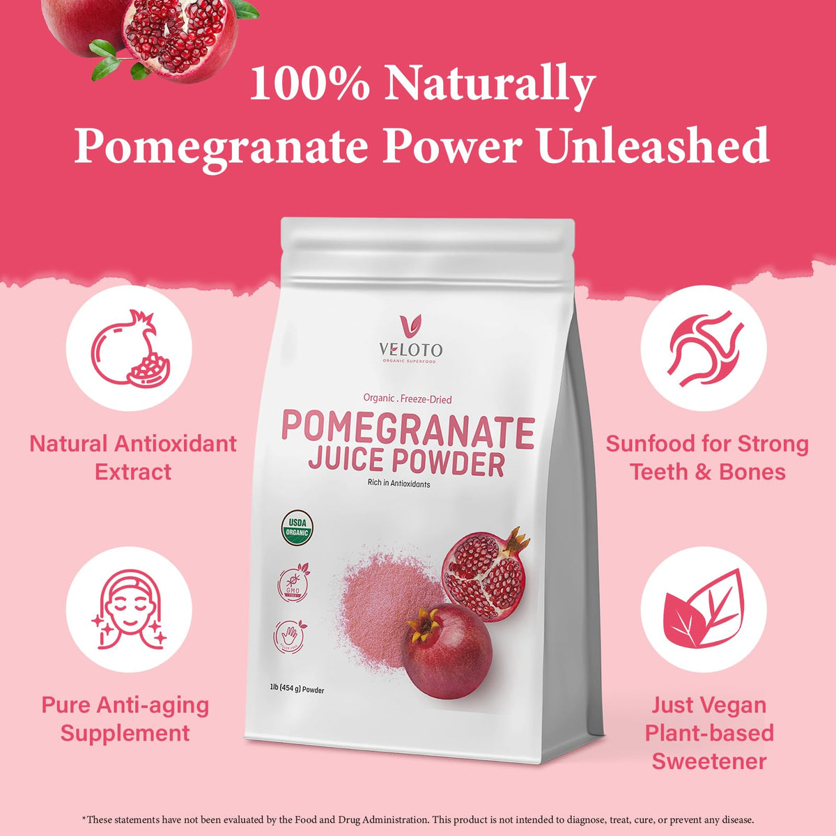 VELOTO Organic Pomegranate Juice Powder – Freeze-Dried, 1 lb, Gluten Free, Non-GMO, Vegan