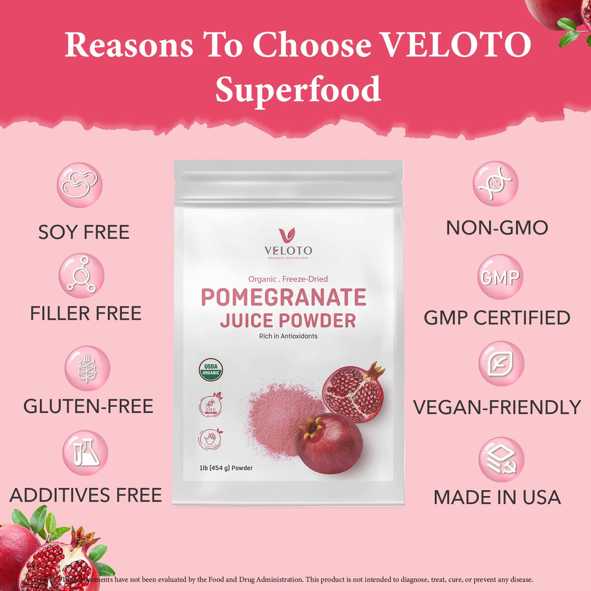 VELOTO Organic Pomegranate Juice Powder – Freeze-Dried, 1 lb, Gluten Free, Non-GMO, Vegan