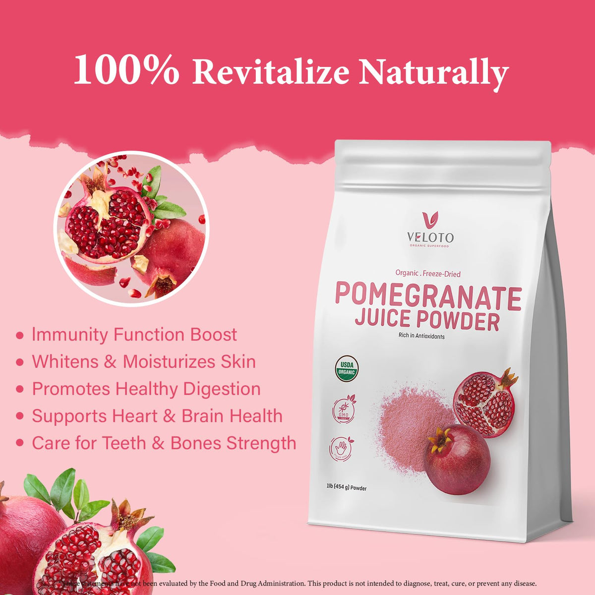 VELOTO Organic Pomegranate Juice Powder – Freeze-Dried, 1 lb, Gluten Free, Non-GMO, Vegan