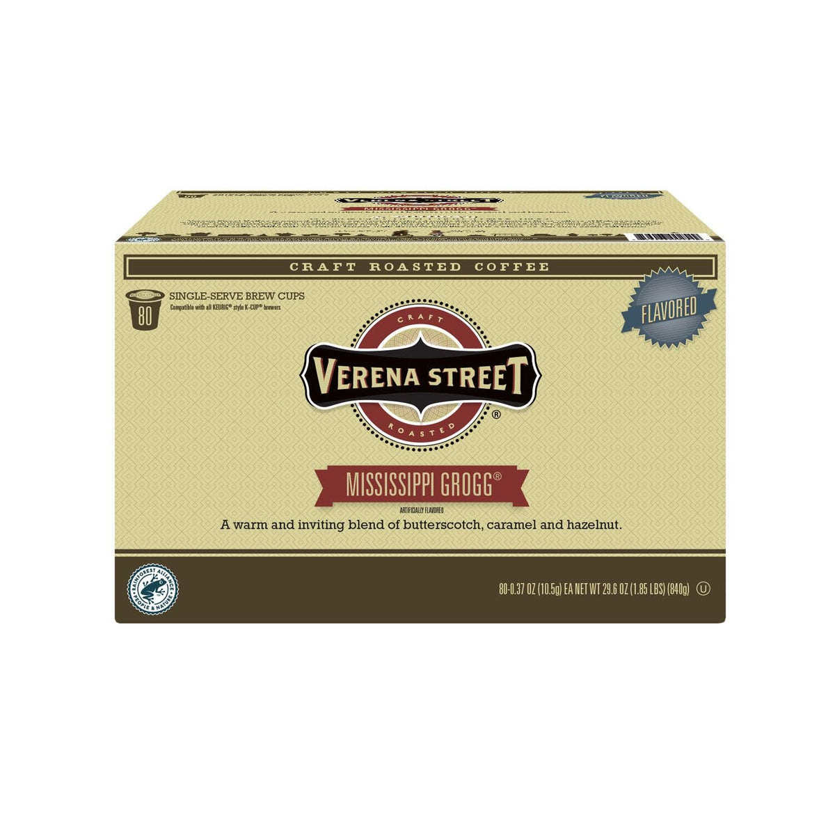 Verena Street Single Cup Pods (80 Count) Flavored Coffee — Mississippi Grogg, Rainforest Alliance Certified Arabica