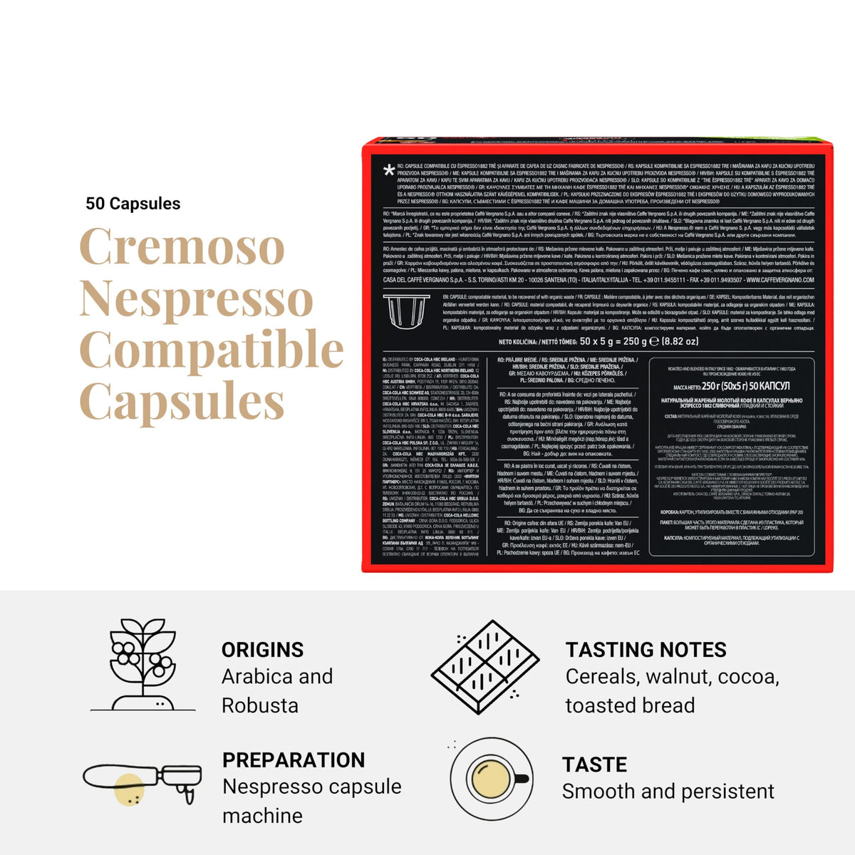 Caffè Vergnano 1882 Cremoso Capsules – Medium Roast Espresso for Nespresso Machines, 50 Ct