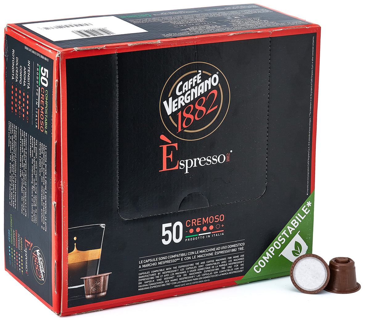Caffè Vergnano 1882 Cremoso Capsules – Medium Roast Espresso for Nespresso Machines, 50 Ct