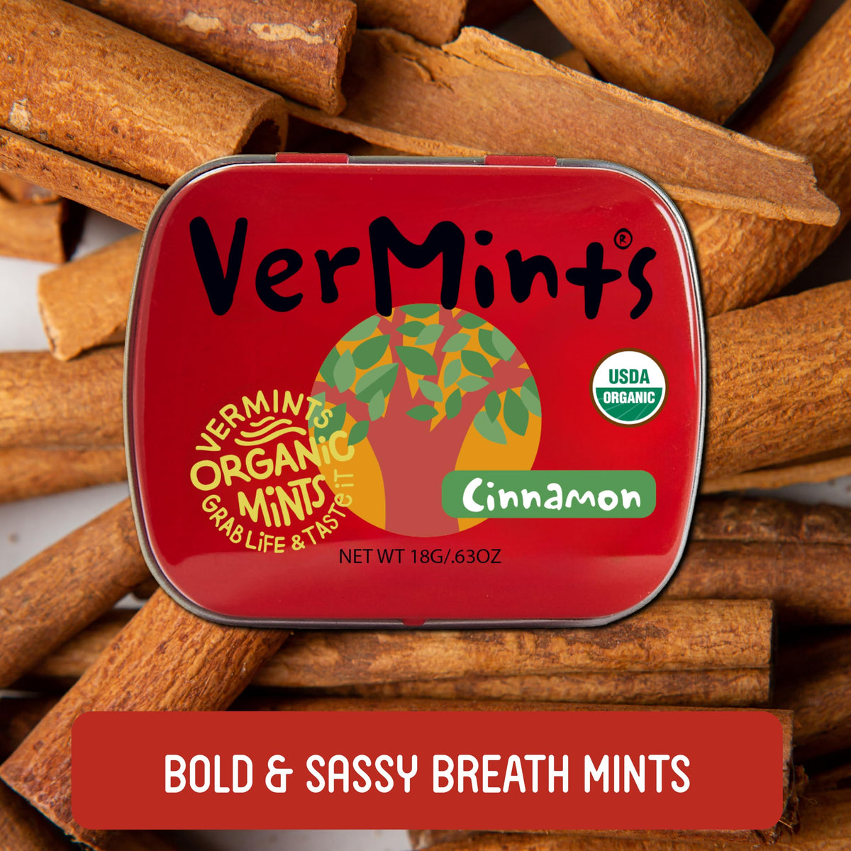 Vermints Organic Cinnamon Breath Mints — Travel Tin Pack (12) | Non-GMO, Nut Free, Gluten Free, Vegan & Kosher