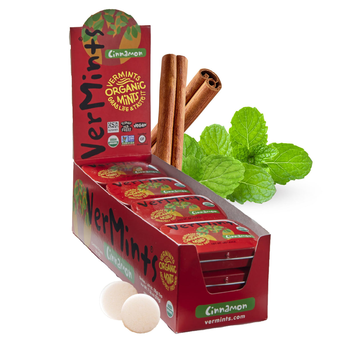 Vermints Organic Cinnamon Breath Mints — Travel Tin Pack (12) | Non-GMO, Nut Free, Gluten Free, Vegan & Kosher