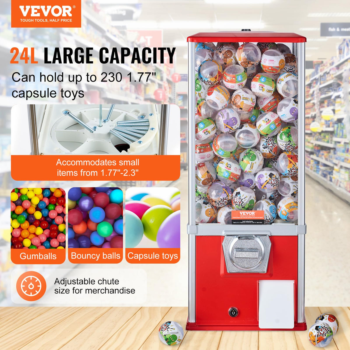 VEVOR Gumball Machine for Kids – 25-Inch Coin-Operated Dispenser, Holds 230 Capsules, Red