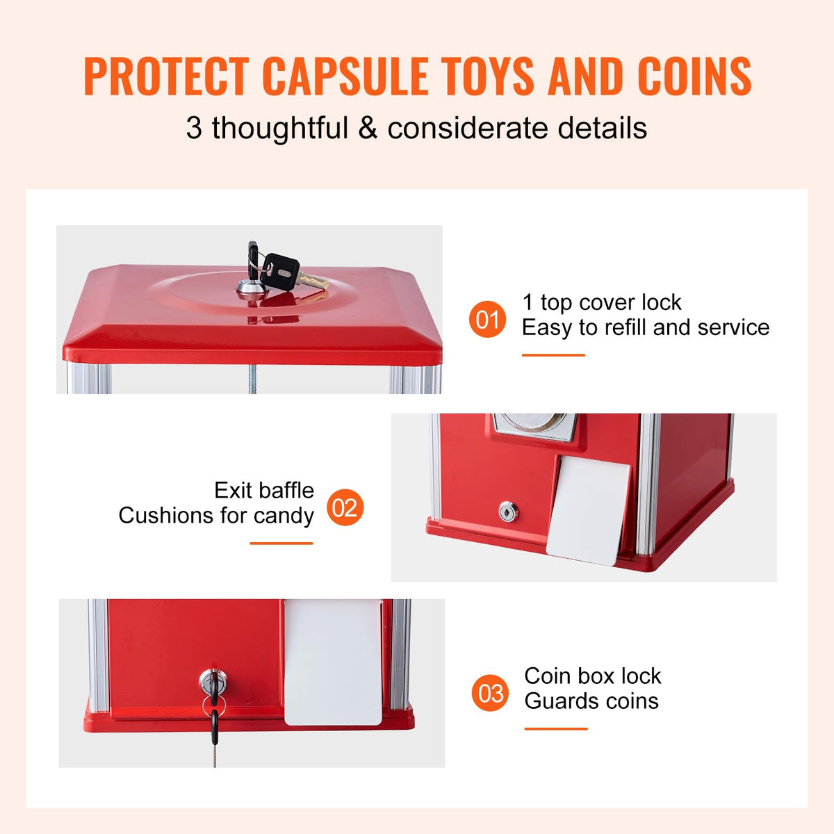 VEVOR Gumball Machine for Kids – 25-Inch Coin-Operated Dispenser, Holds 230 Capsules, Red
