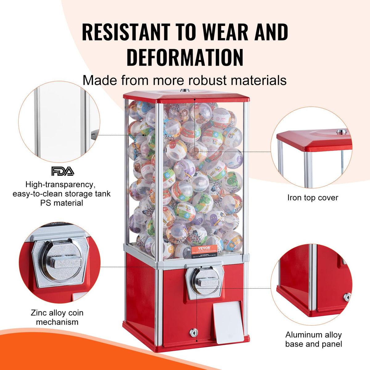 VEVOR Gumball Machine for Kids – 25-Inch Coin-Operated Dispenser, Holds 230 Capsules, Red