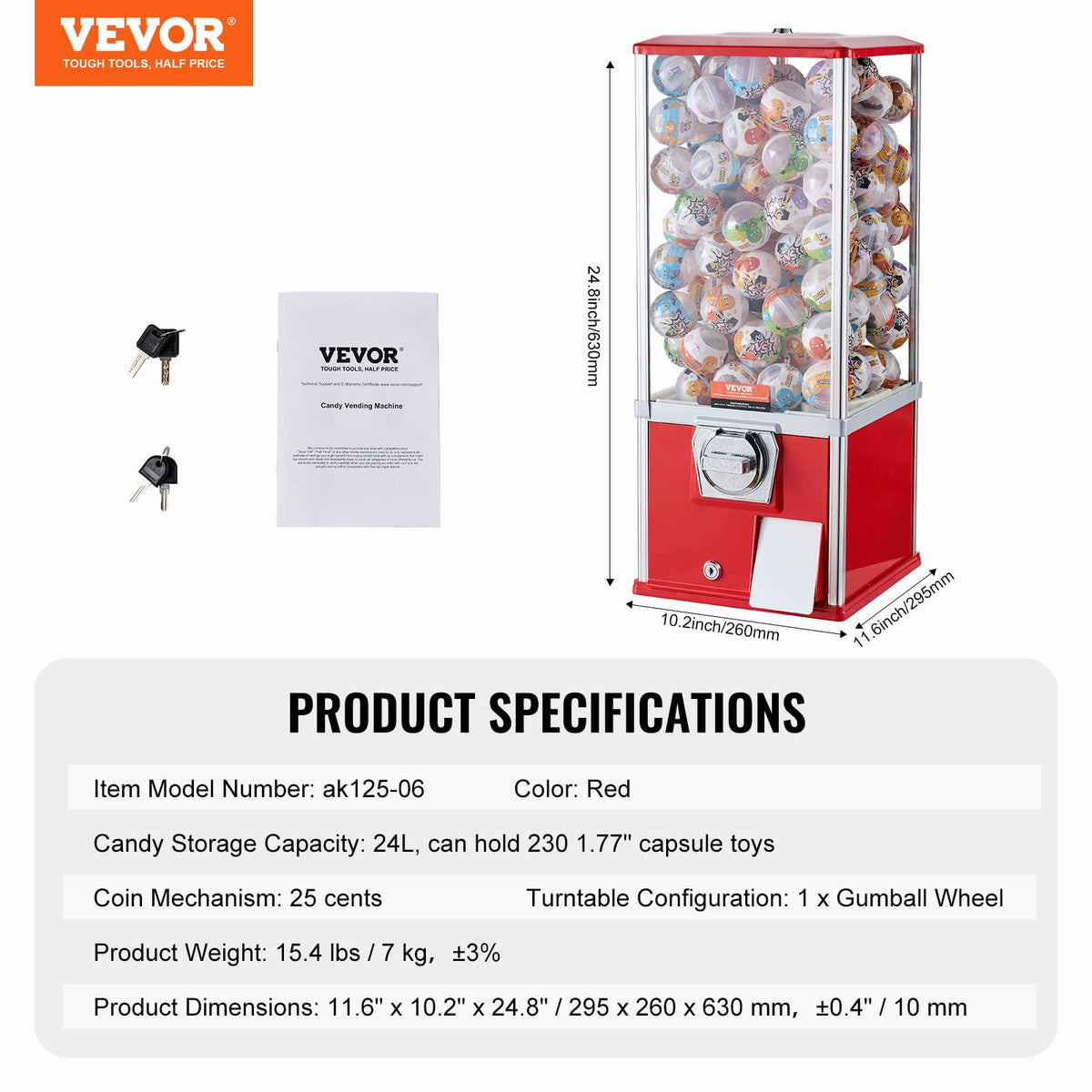VEVOR Gumball Machine for Kids – 25-Inch Coin-Operated Dispenser, Holds 230 Capsules, Red