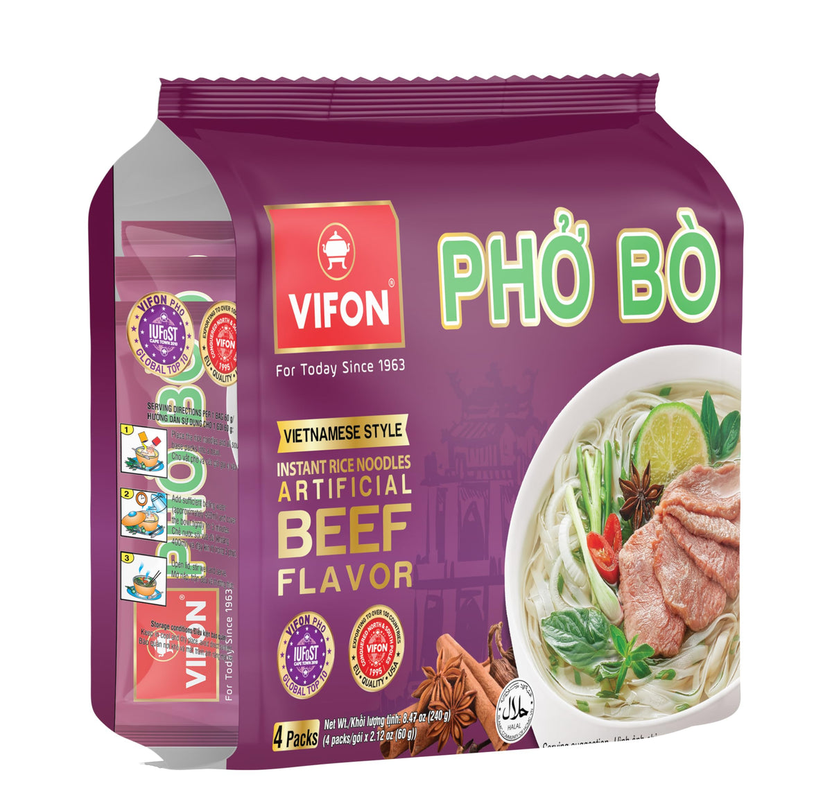 VIFON Pho Bo Vietnamese Style Instant Rice Noodles – 2.11 oz Pack of 24 | Halal Certified | Ready in 3 Minutes