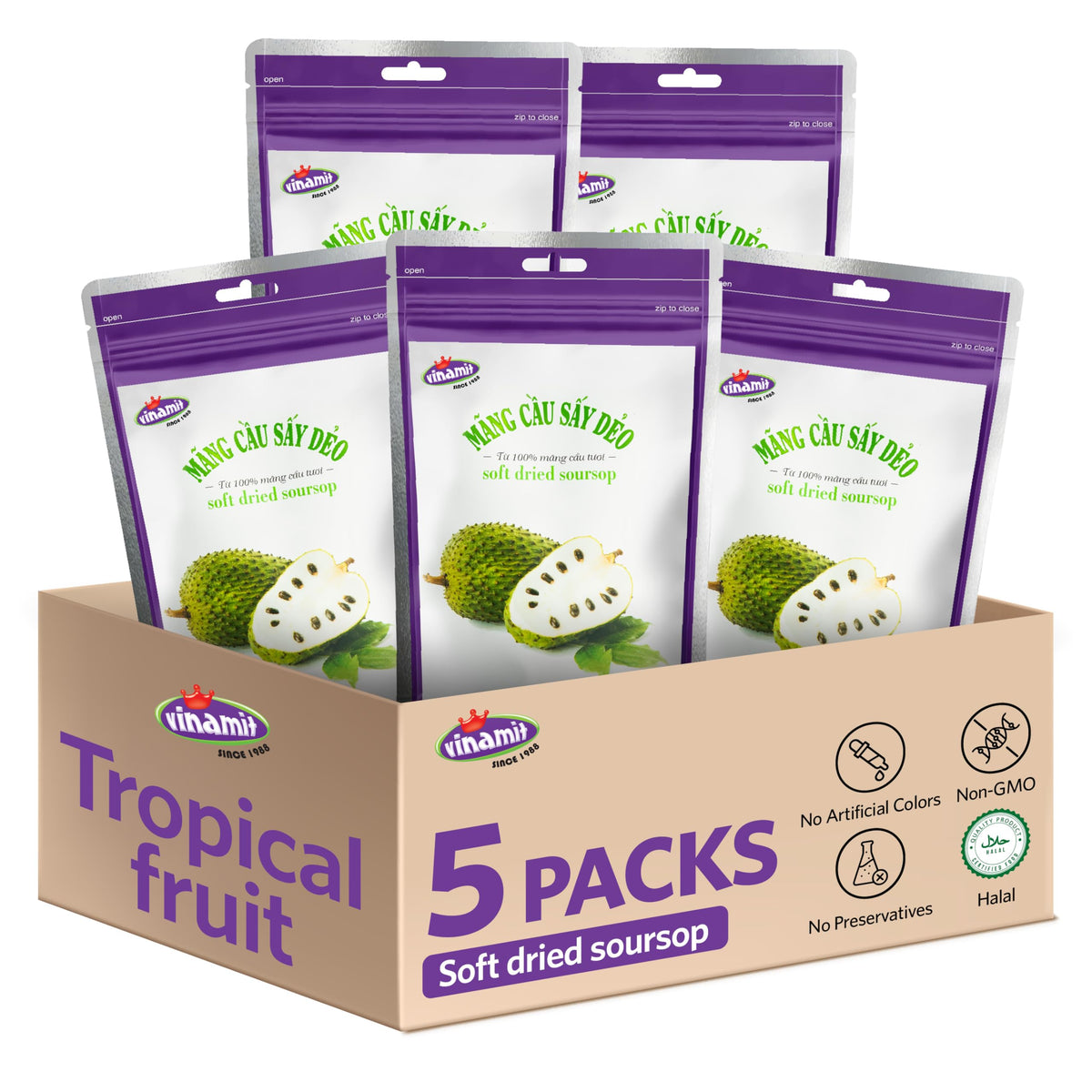 Vinamit Soft Dried Soursop Fruit with Seeds — 5 Pack (3.5 oz each) | Vegan, Gluten-Free, Non-GMO