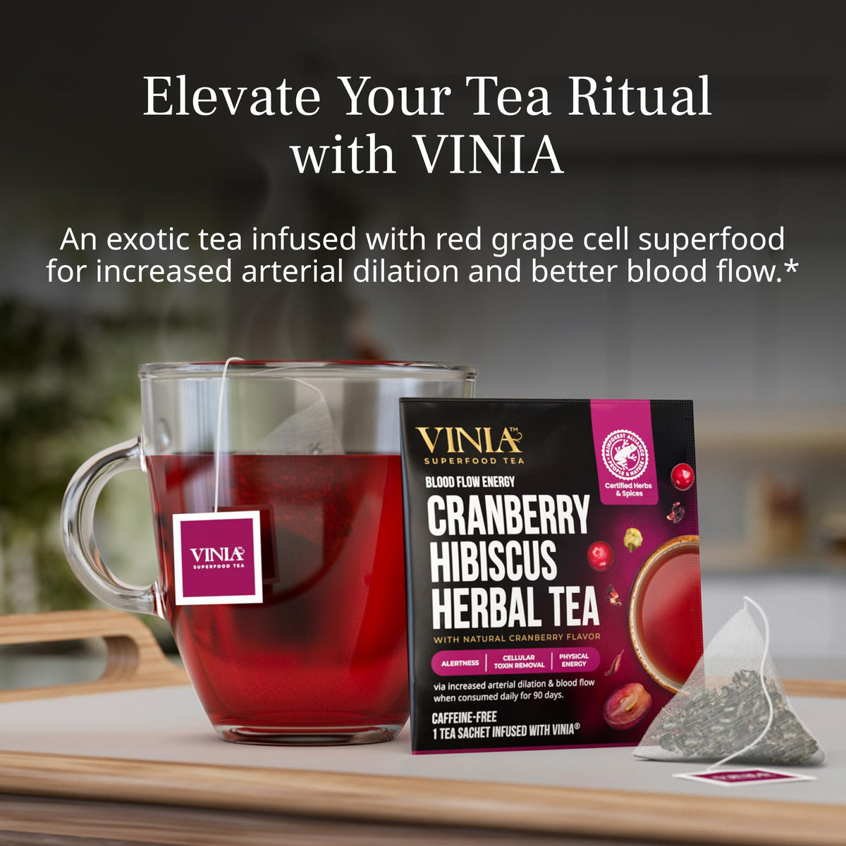 VINIA Cranberry Hibiscus Herbal Tea Bags – Organic Red Grape Cell Powder for Heart Health, Energy & Blood Flow | 30 Ct