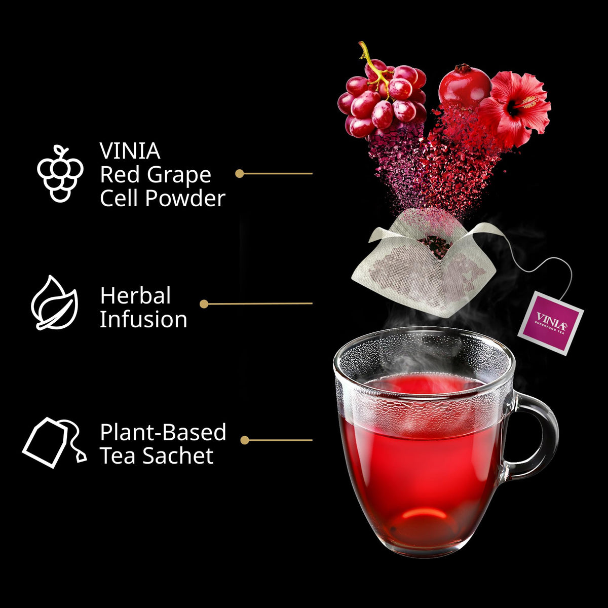 VINIA Cranberry Hibiscus Herbal Tea Bags – Organic Red Grape Cell Powder for Heart Health, Energy & Blood Flow | 30 Ct