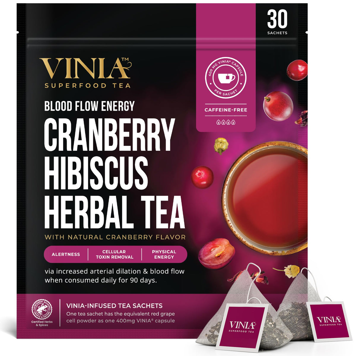 VINIA Cranberry Hibiscus Herbal Tea Bags – Organic Red Grape Cell Powder for Heart Health, Energy & Blood Flow | 30 Ct