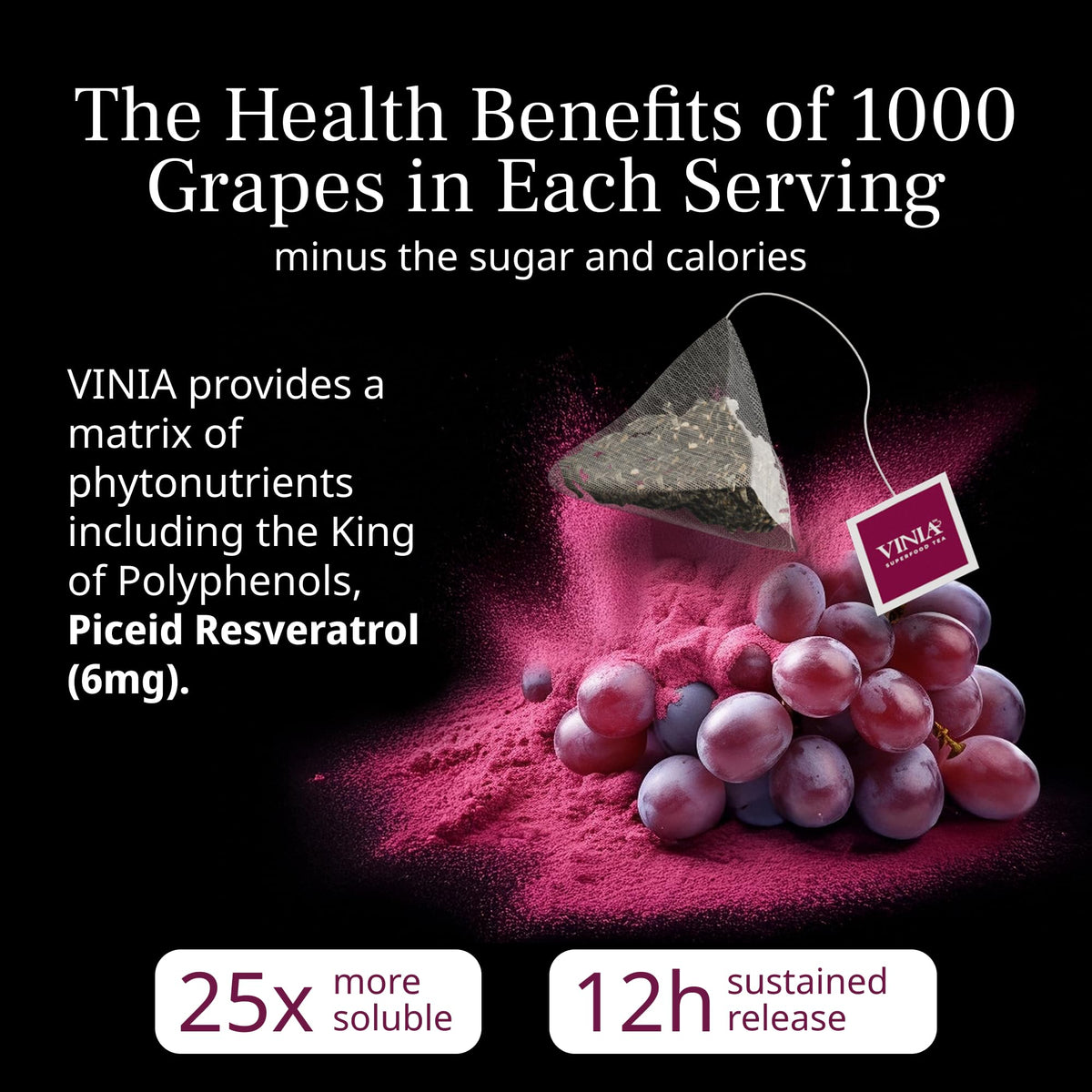 VINIA Cranberry Hibiscus Herbal Tea Bags – Organic Red Grape Cell Powder for Heart Health, Energy & Blood Flow | 30 Ct