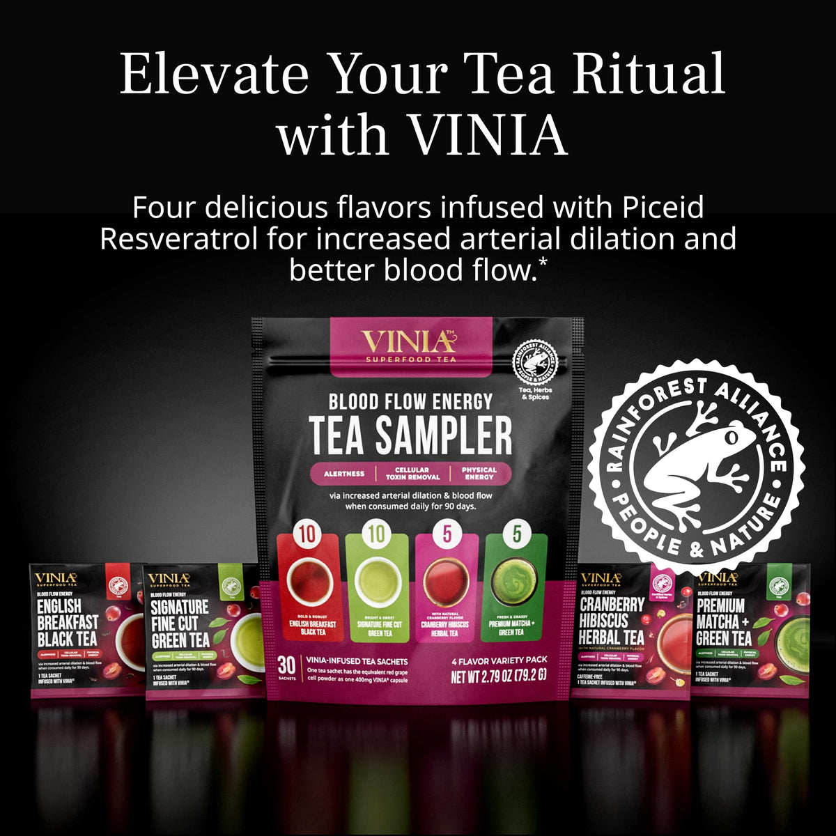 VINIA Tea Sampler – 4 Flavor Organic Teas with Piceid Resveratrol, 30 Count