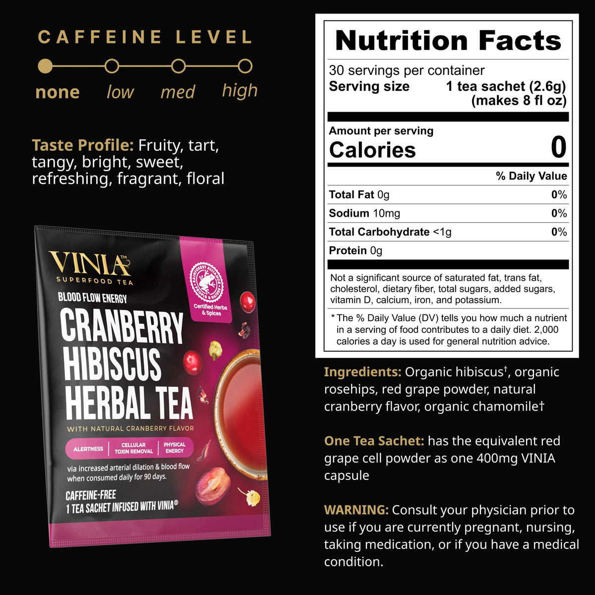VINIA Cranberry Hibiscus Herbal Tea Bags – Organic Red Grape Cell Powder for Heart Health, Energy & Blood Flow | 30 Ct