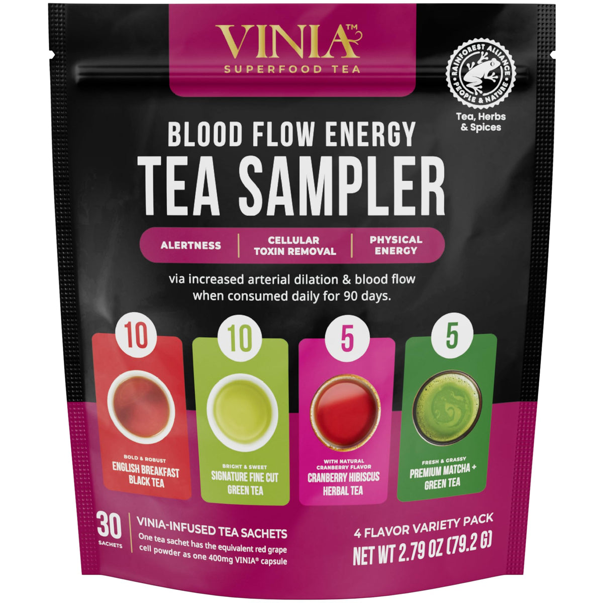 VINIA Tea Sampler – 4 Flavor Organic Teas with Piceid Resveratrol, 30 Count