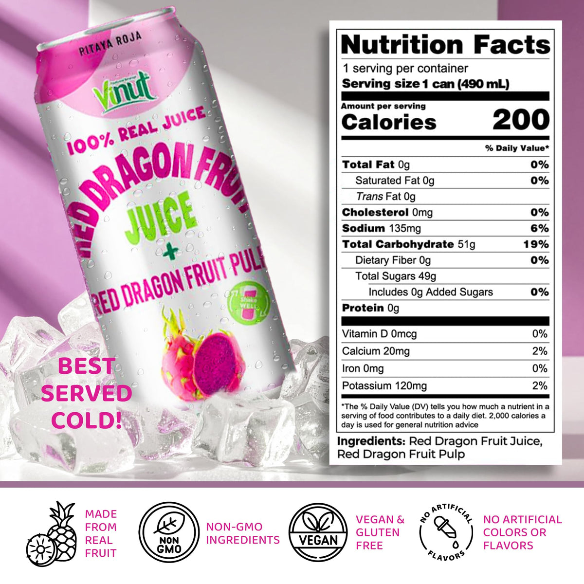 VINUT 100% Red Dragon Fruit Juice with Pulp – No Added Sugar, Not From Concentrate, 16.57 fl oz Can (490 mL), 12-Pack