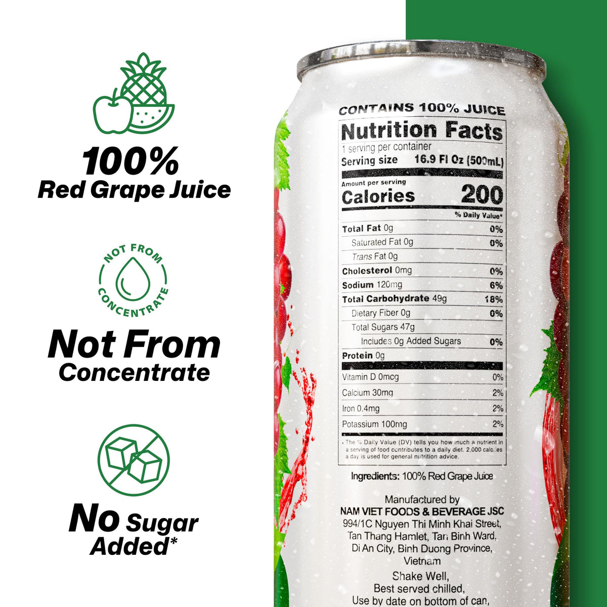 VINUT 100% Red Grape Juice – No Added Sugar, Not From Concentrate, 16.9 oz Can (Pack of 12)