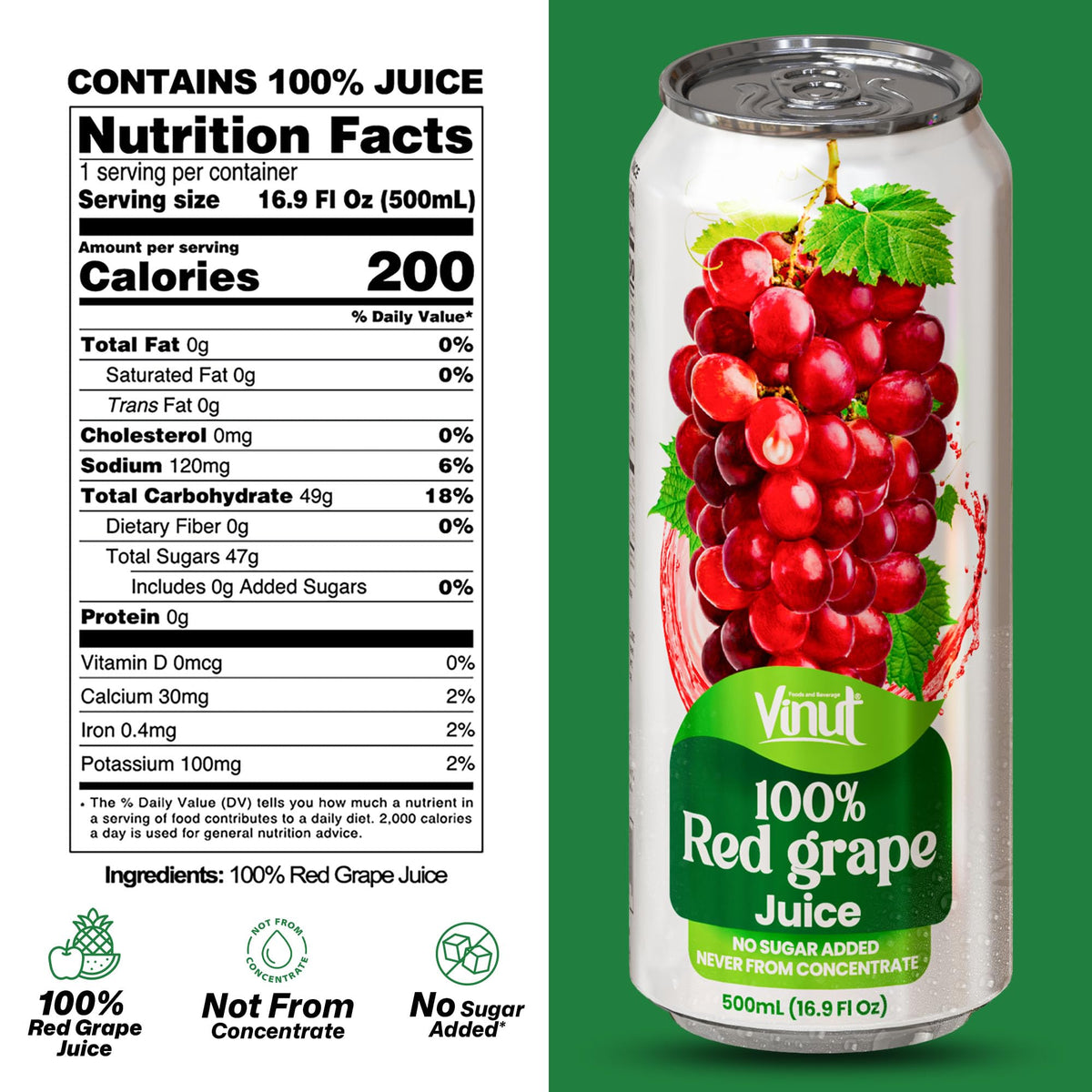 VINUT 100% Red Grape Juice – No Added Sugar, Not From Concentrate, 16.9 oz Can (Pack of 12)