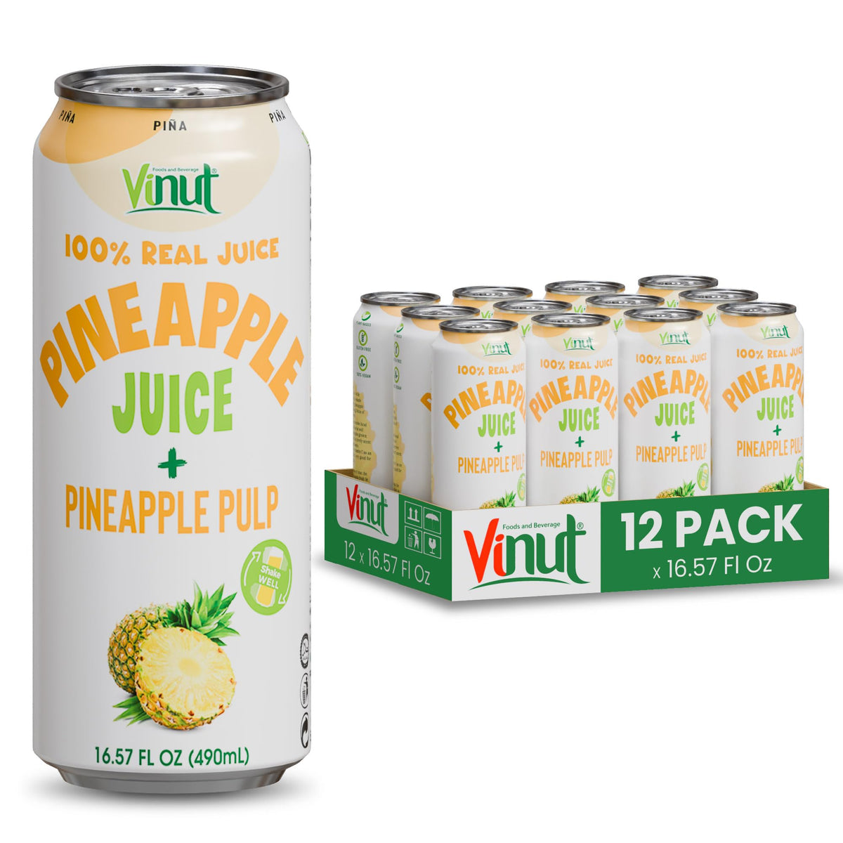 VINUT Pineapple Juice with Pulp — Organic, No Sugar Added, Gluten Free, GMO-Free (16.57 fl oz x12)