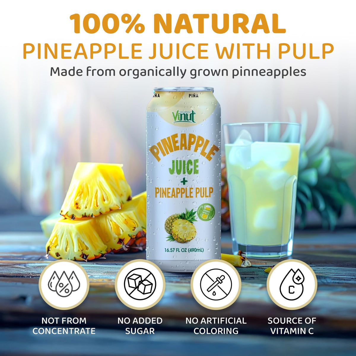 VINUT Pineapple Juice with Pulp — Organic, No Sugar Added, Gluten Free, GMO-Free (16.57 fl oz x12)