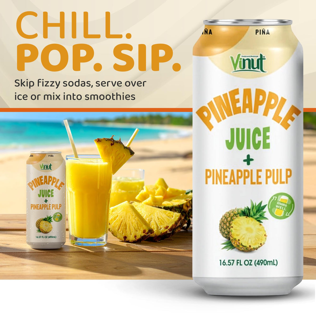 VINUT Pineapple Juice with Pulp — Organic, No Sugar Added, Gluten Free, GMO-Free (16.57 fl oz x12)