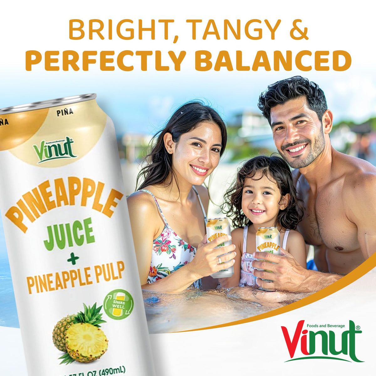 VINUT Pineapple Juice with Pulp — Organic, No Sugar Added, Gluten Free, GMO-Free (16.57 fl oz x12)