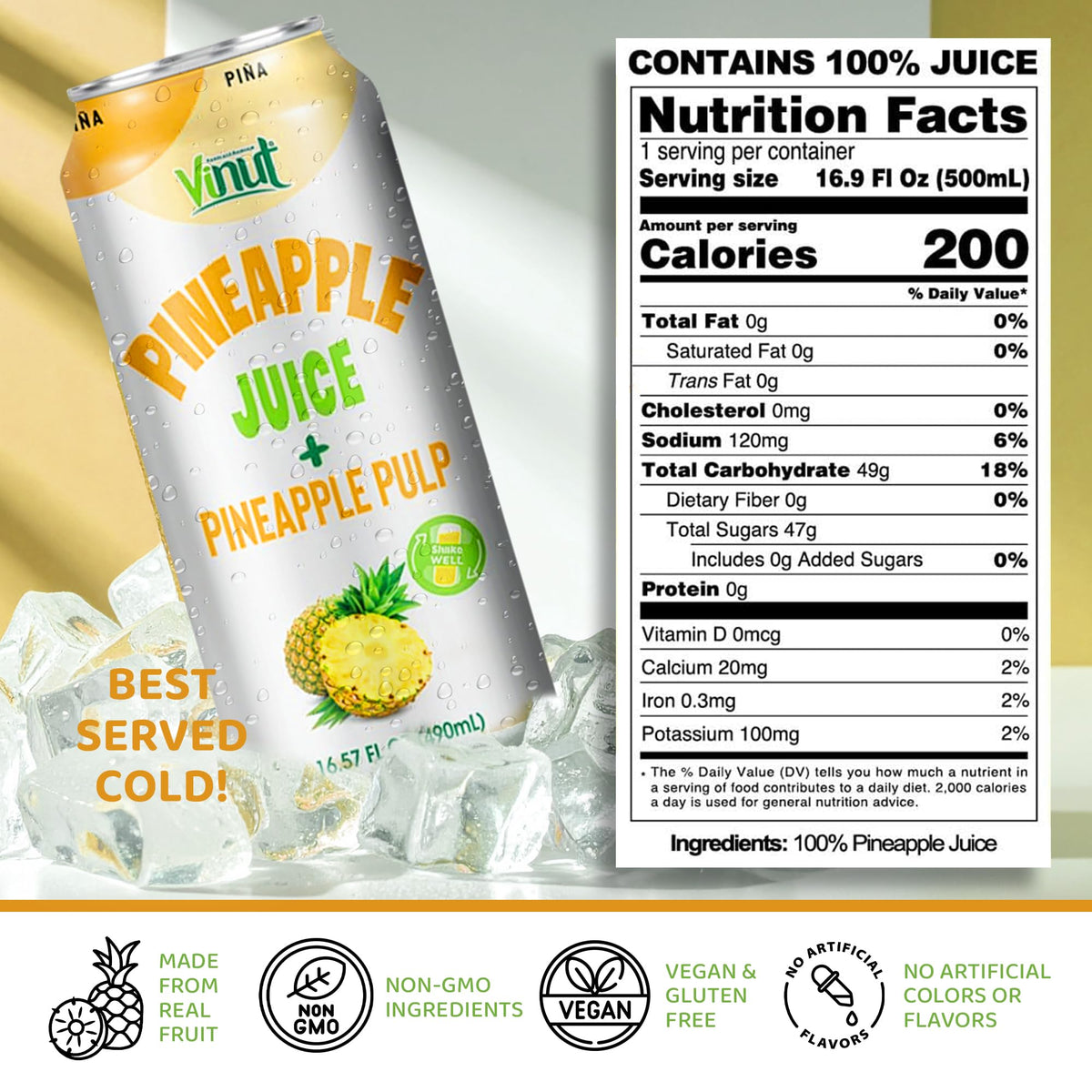 VINUT Pineapple Juice with Pulp — Organic, No Sugar Added, Gluten Free, GMO-Free (16.57 fl oz x12)