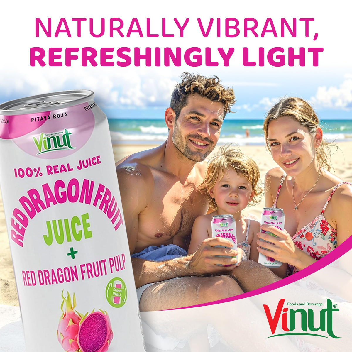 VINUT 100% Red Dragon Fruit Juice with Pulp – No Added Sugar, Not From Concentrate, 16.57 fl oz Can (490 mL), 12-Pack