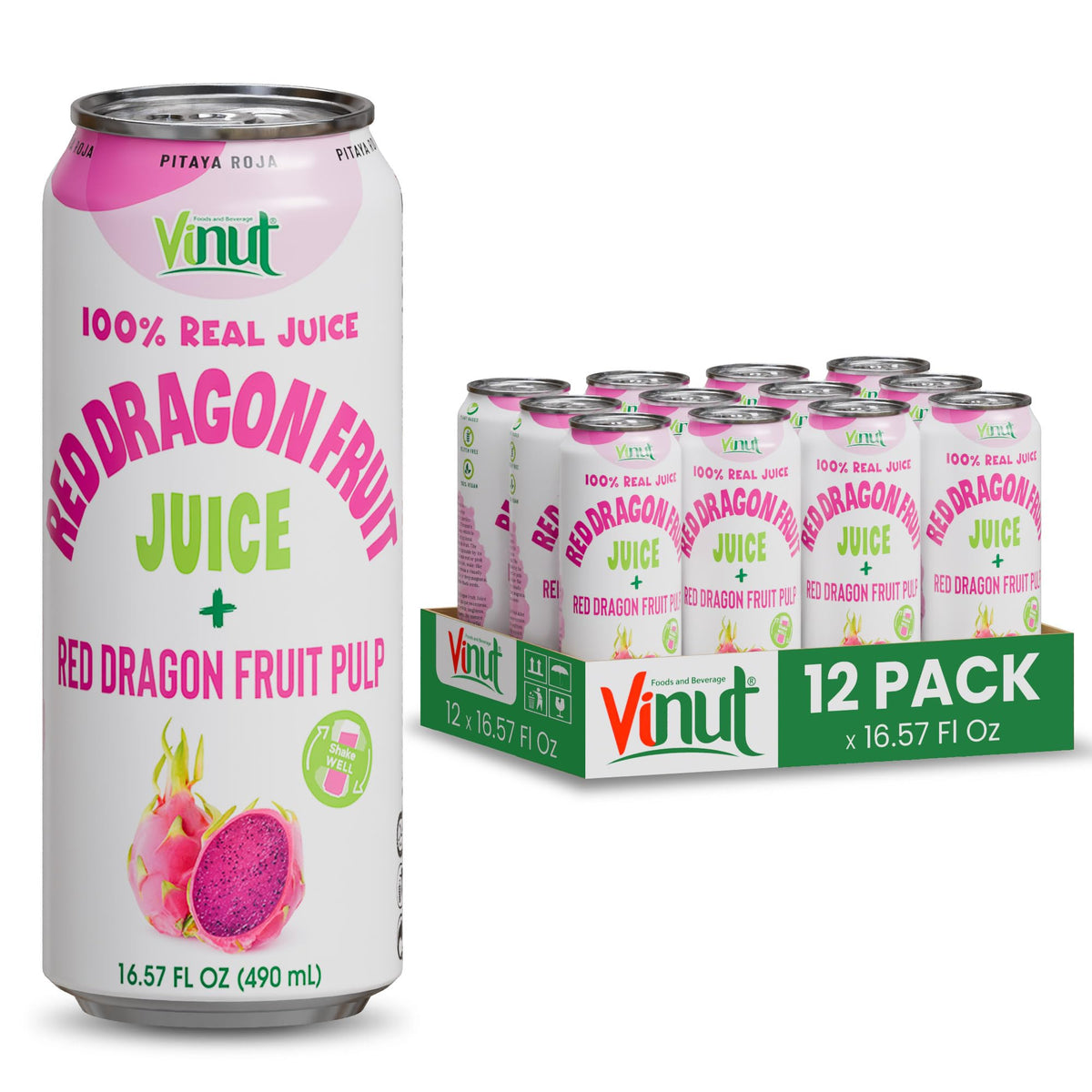 VINUT 100% Red Dragon Fruit Juice with Pulp – No Added Sugar, Not From Concentrate, 16.57 fl oz Can (490 mL), 12-Pack