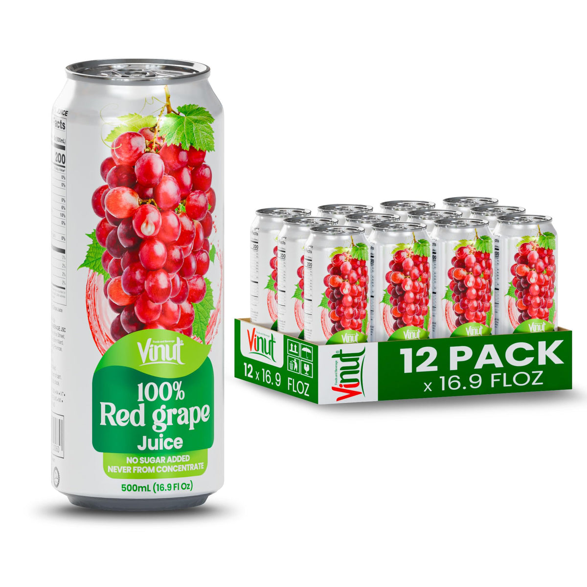 VINUT 100% Red Grape Juice – No Added Sugar, Not From Concentrate, 16.9 oz Can (Pack of 12)