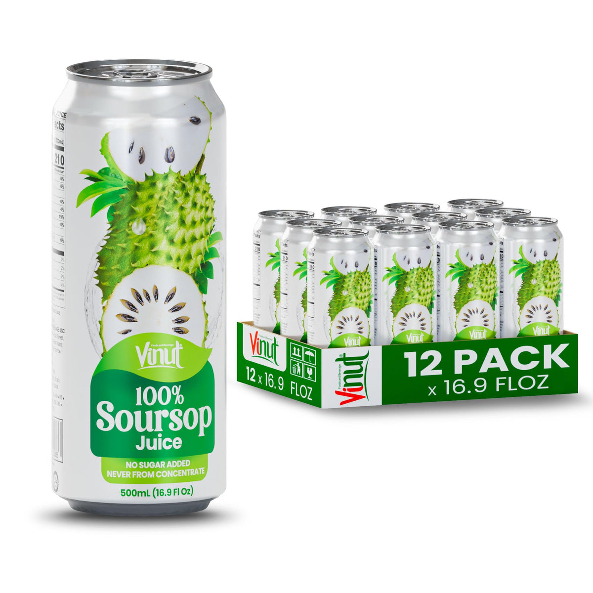 VINUT 100% Soursop Juice — No Added Sugar, Not From Concentrate | 16.9 oz Can (Pack of 12)