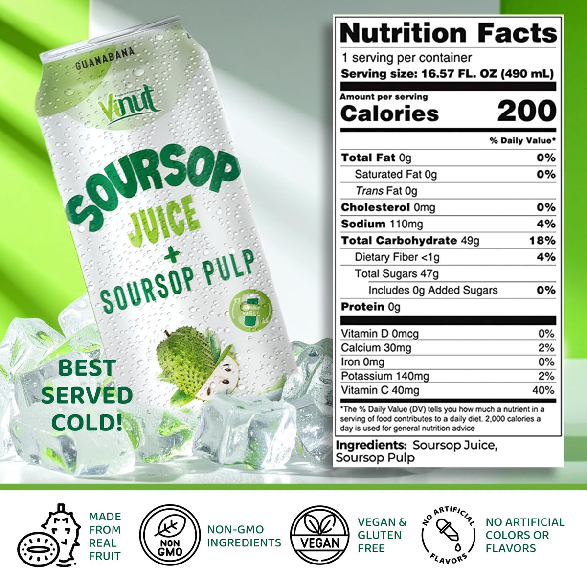 VINUT 100% Soursop Juice with Pulp NFC – No Sugar Added (Pack 12)