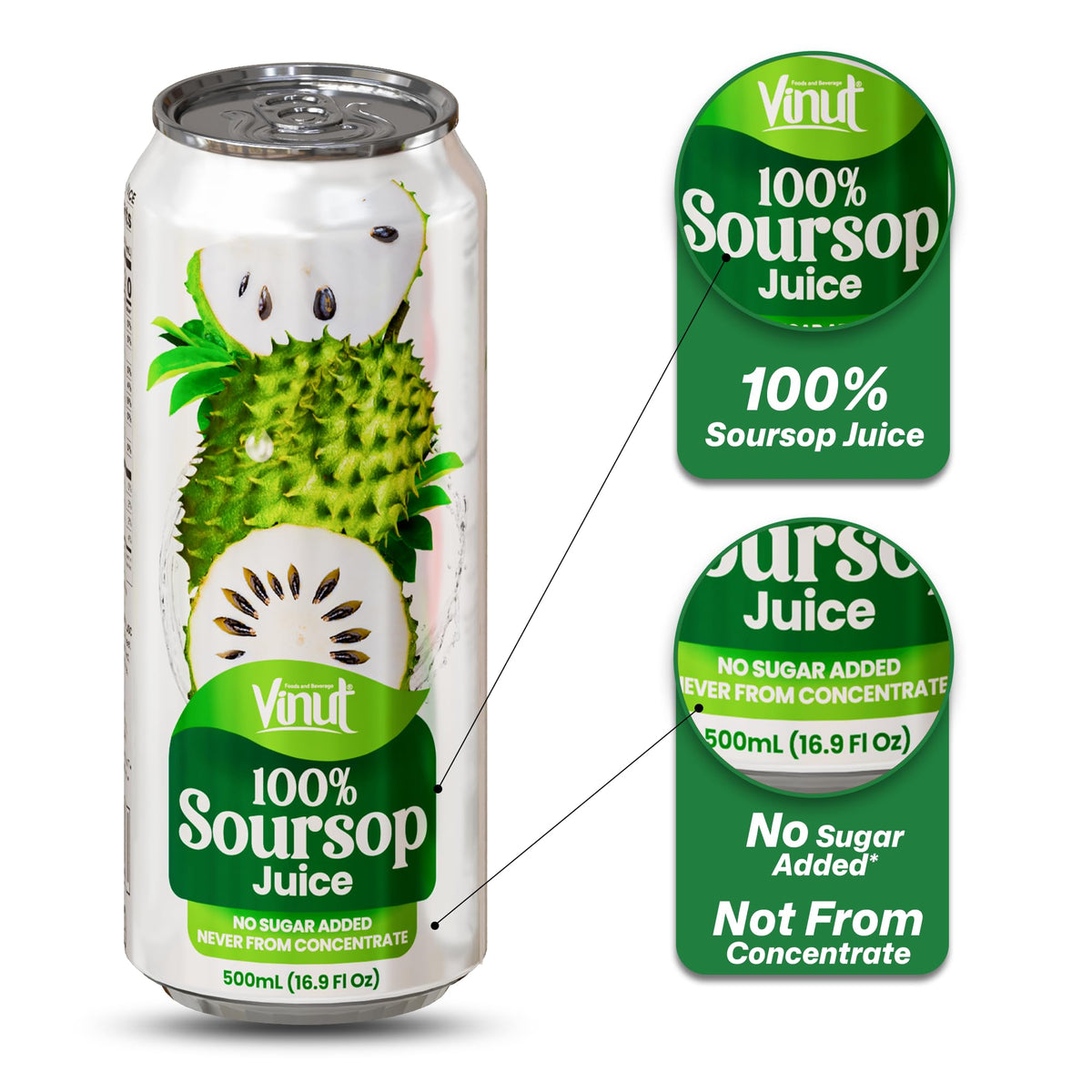 VINUT 100% Soursop Juice — No Added Sugar, Not From Concentrate | 16.9 oz Can (Pack of 12)
