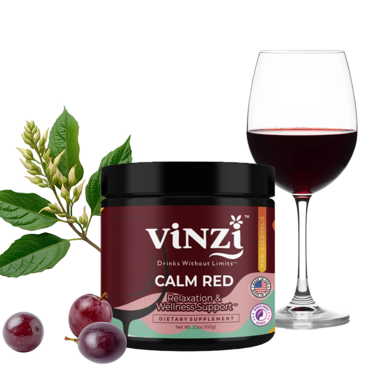 Vinzi Non-Alcoholic Calm Drink Mix – Wine-Style Ritual with Ashwagandha & L-Theanine, 8oz (20 Servings)