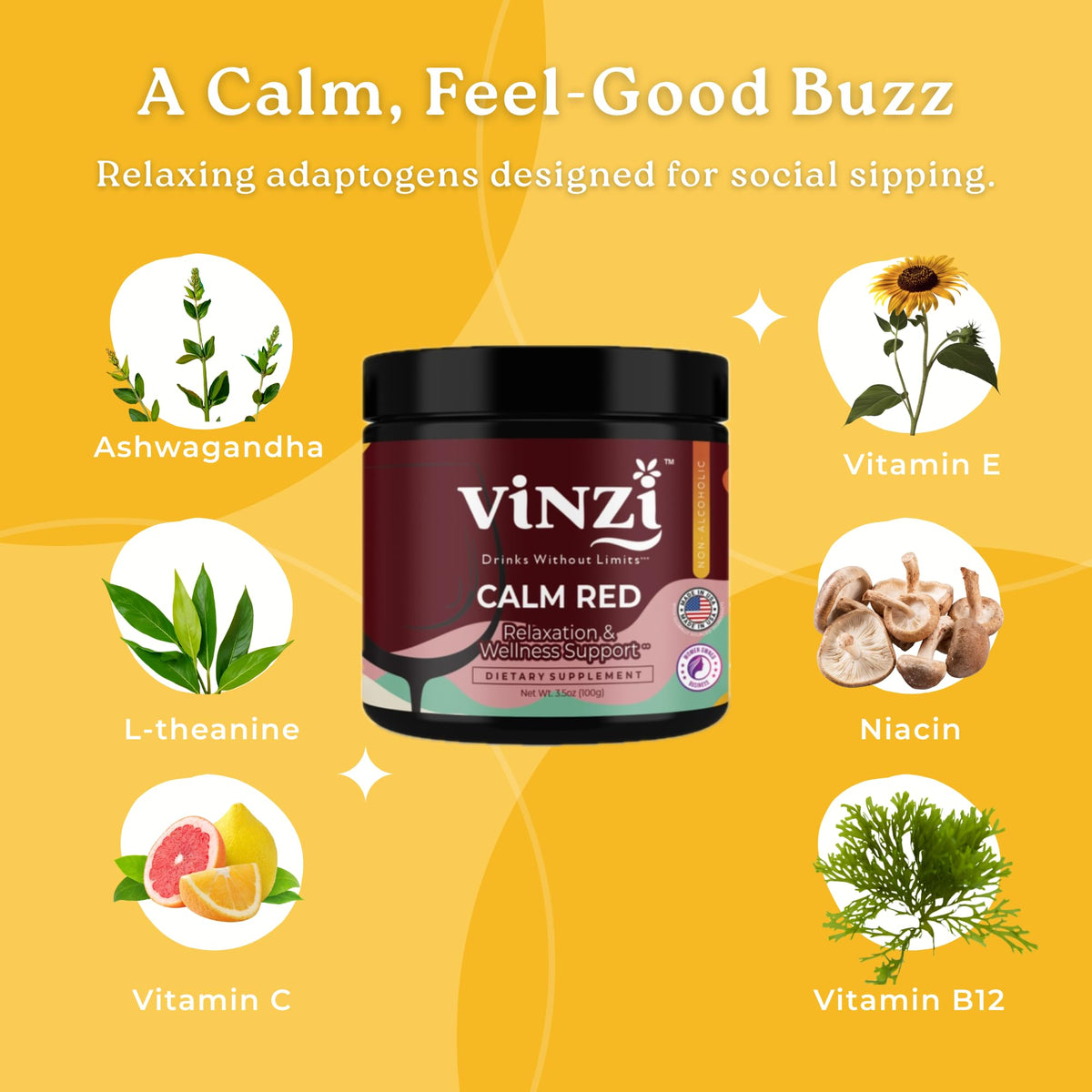 Vinzi Non-Alcoholic Calm Drink Mix – Wine-Style Ritual with Ashwagandha & L-Theanine, 8oz (20 Servings)