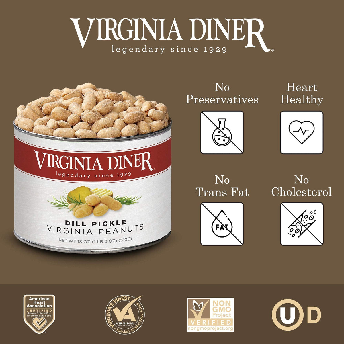 Virginia Diner Dill Pickle Virginia Peanuts – Gourmet Dill Pickled Peanuts, Non-GMO, Preservative-Free, Since 1929 – 18 oz Can