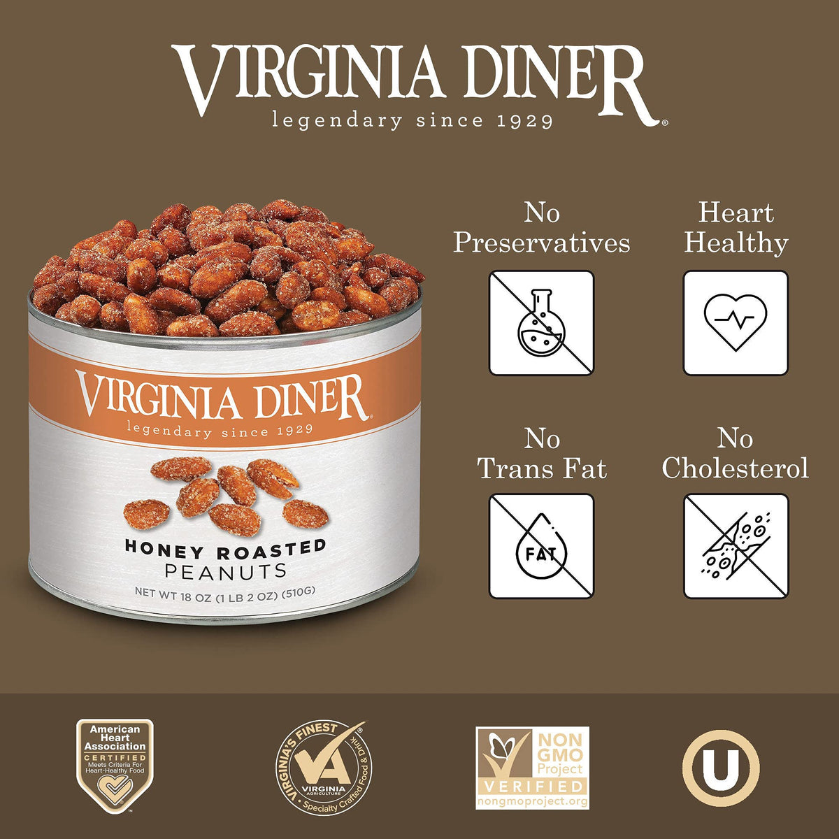Virginia Diner Honey Roasted Peanuts – Sweet & Salty, Non-GMO, 18 oz Tin