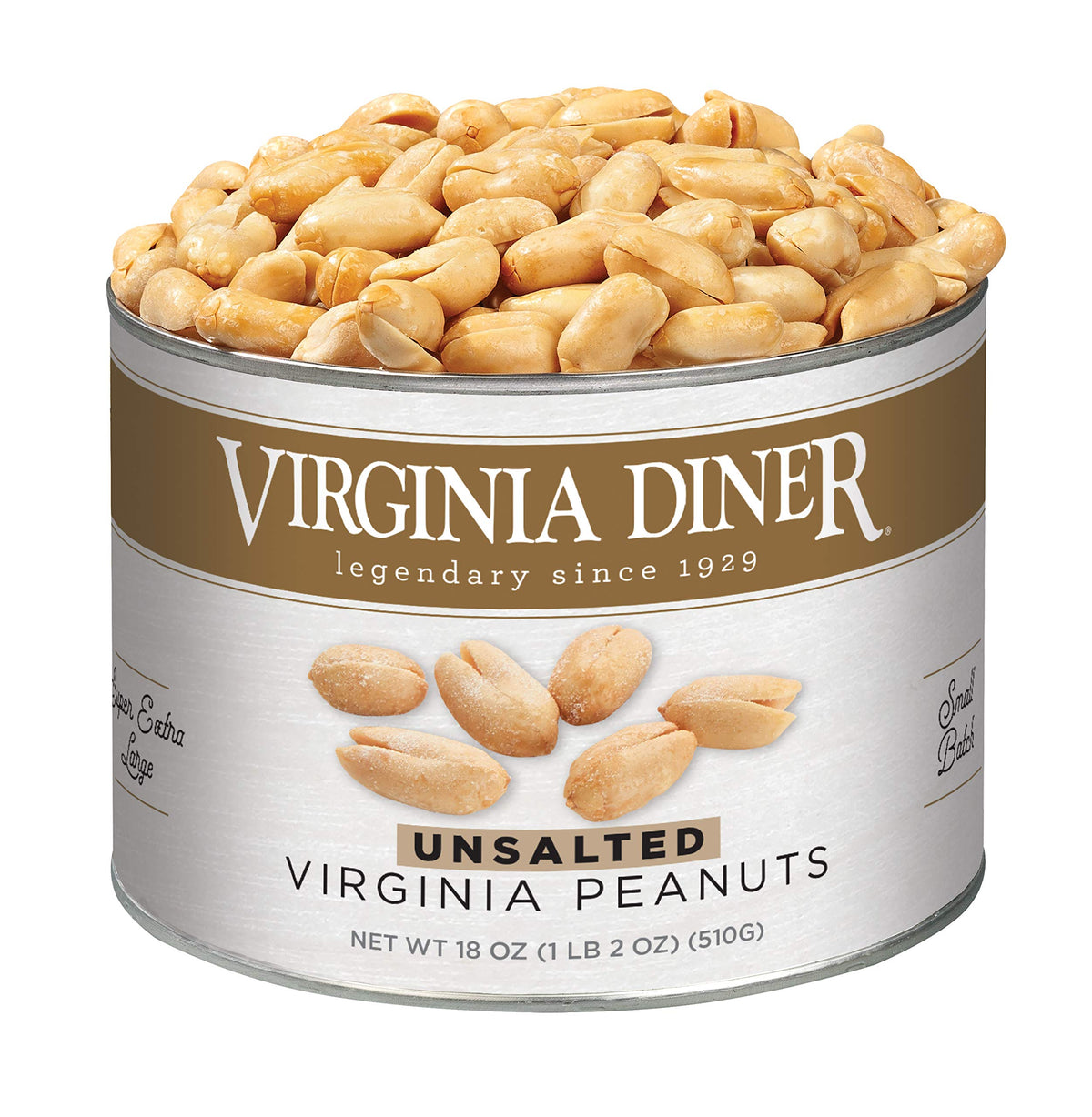 Virginia Diner Unsalted Virginia Peanuts – XL Gourmet, Non-GMO, 18 oz Can