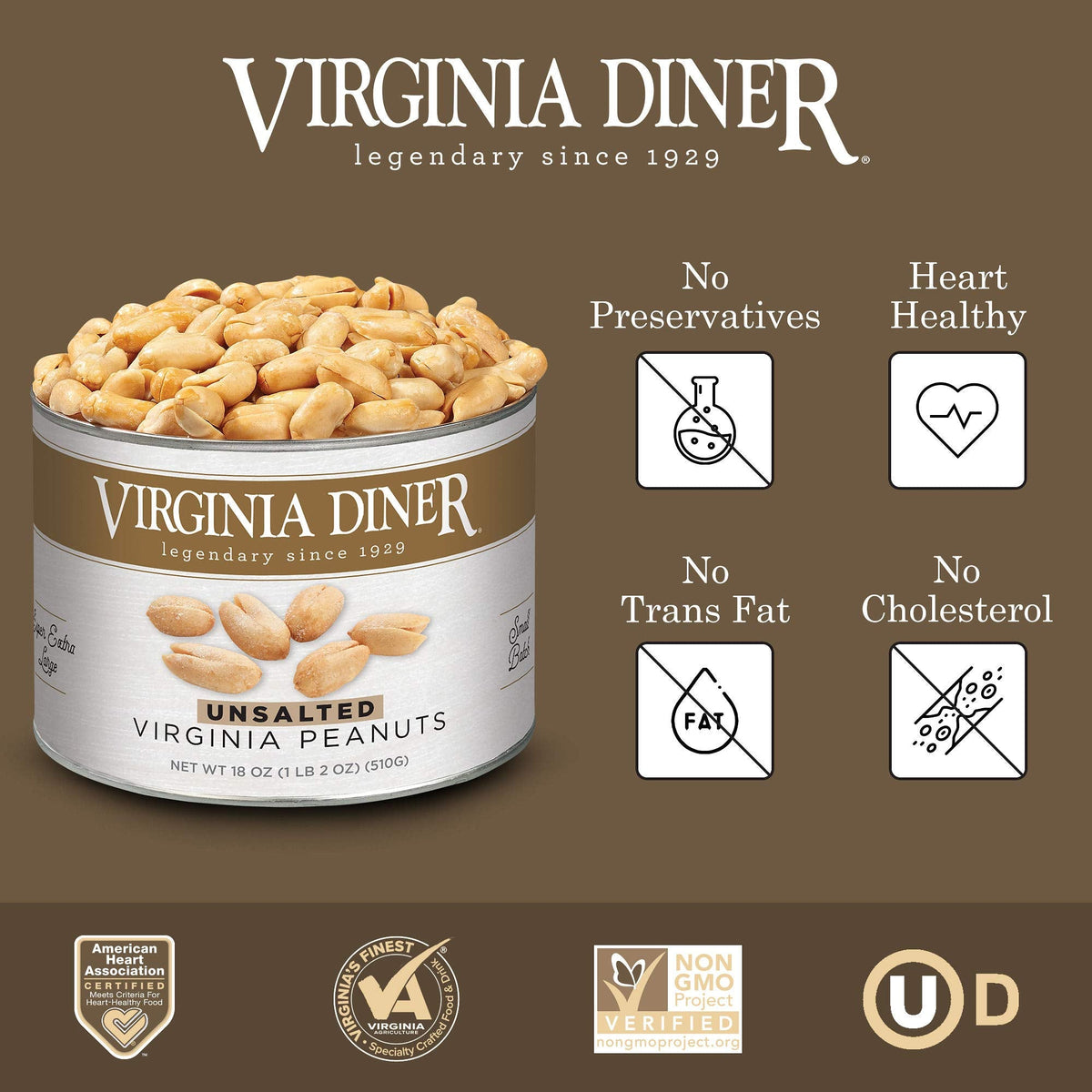 Virginia Diner Unsalted Virginia Peanuts – XL Gourmet, Non-GMO, 18 oz Can