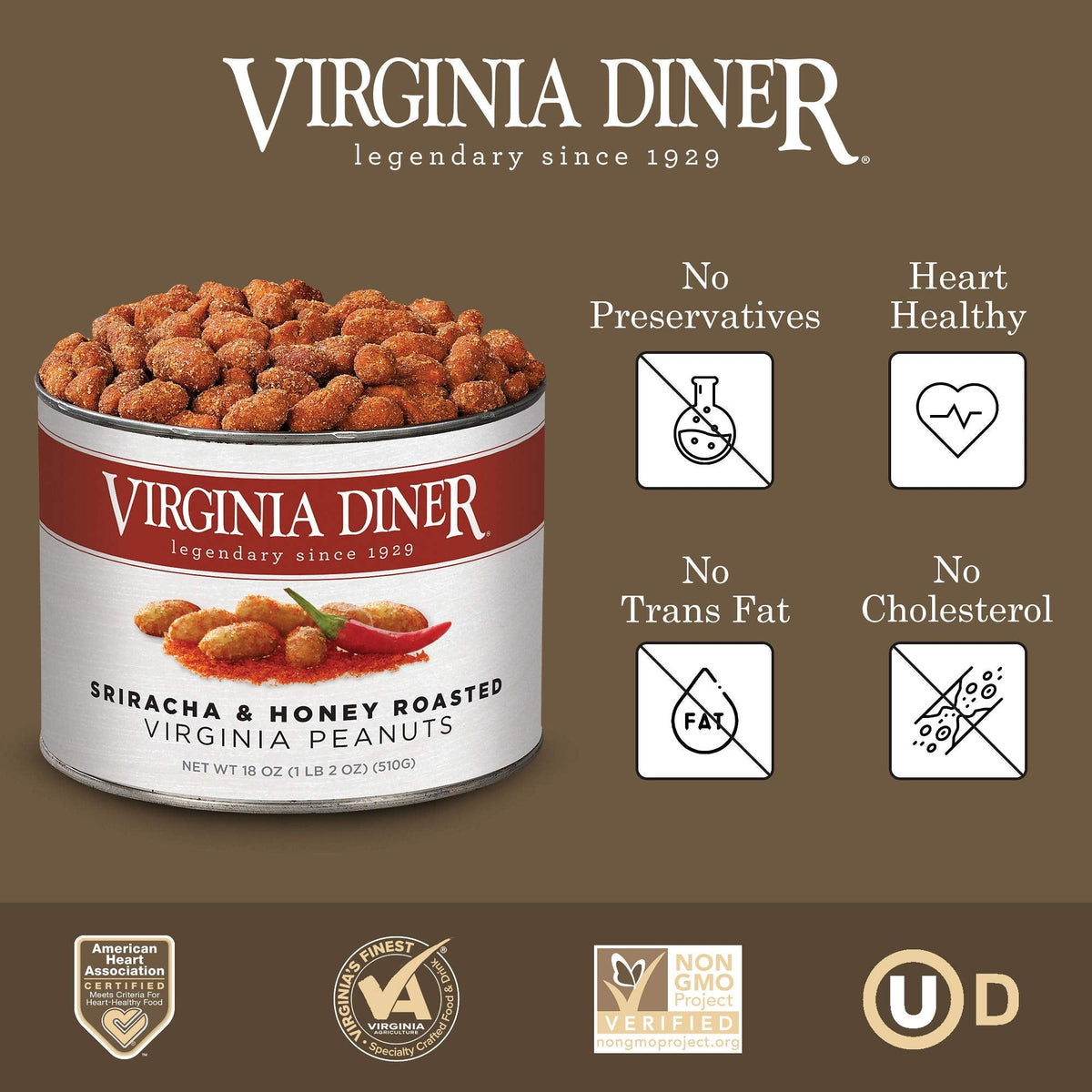 Virginia Diner Natural Honey Roasted & Sriracha XL Peanuts – Gourmet Non-GMO Snack, 18oz