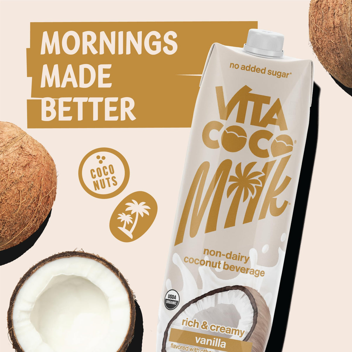 Vita Coco Vanilla Organic Coconut Milk – Plant-Based, Dairy-Free, Unsweetened (6 x 33.8 oz)
