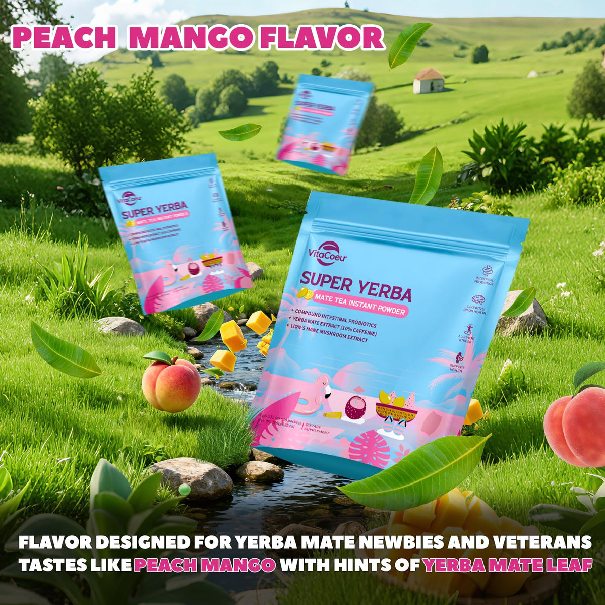 VitaCoeur Yerba Mate Instant Tea Powder with Nootropics – Peach Mango, Sugar-Free, 30 Servings