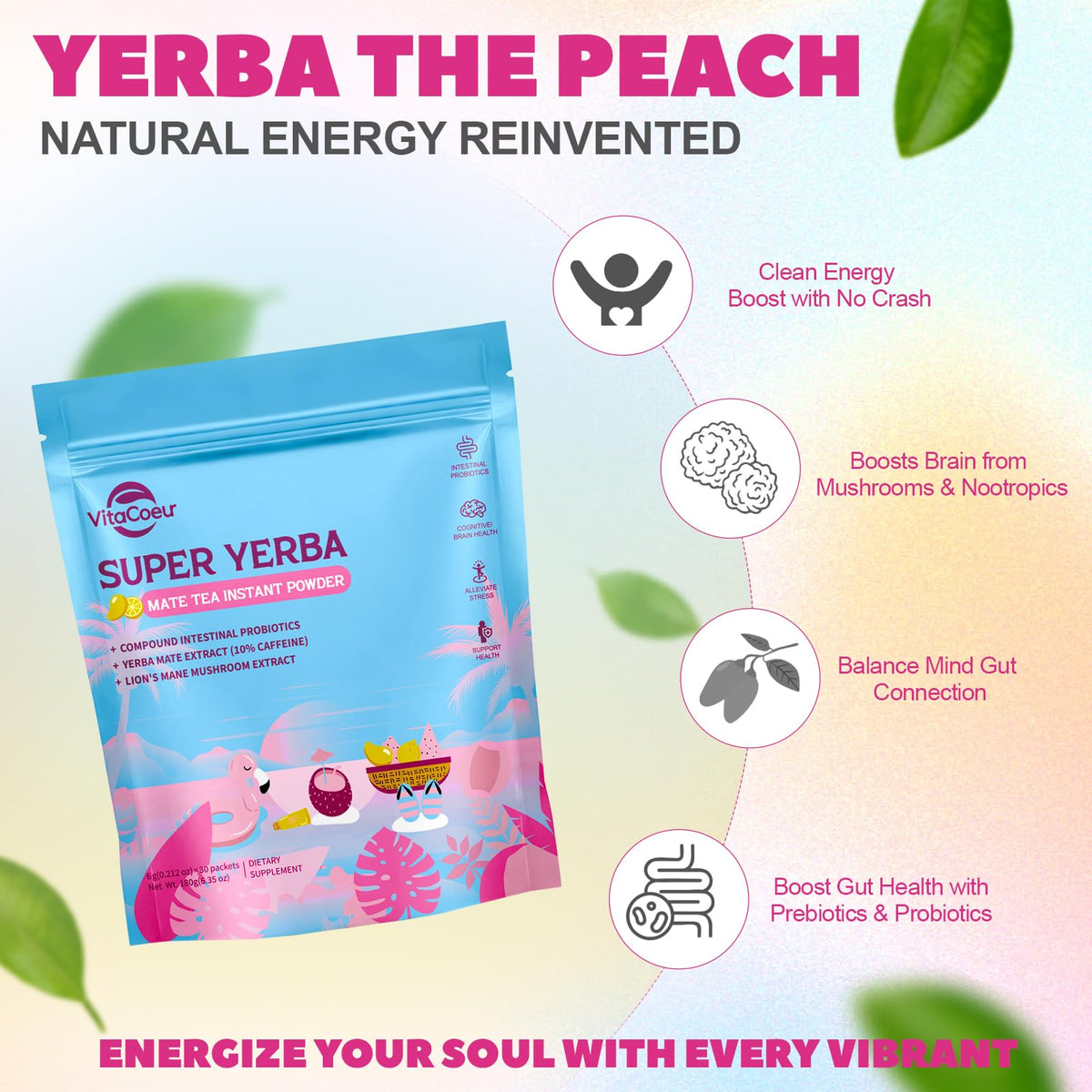 VitaCoeur Yerba Mate Instant Tea Powder with Nootropics – Peach Mango, Sugar-Free, 30 Servings